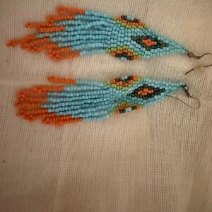Native American hand beaded Orange and Blue Earrings